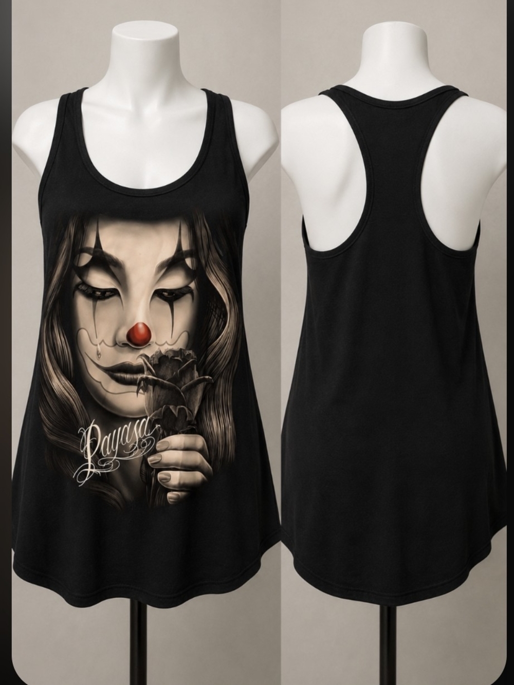 Black Clown Graphic Racerback Tank Top with Red Nose Accent